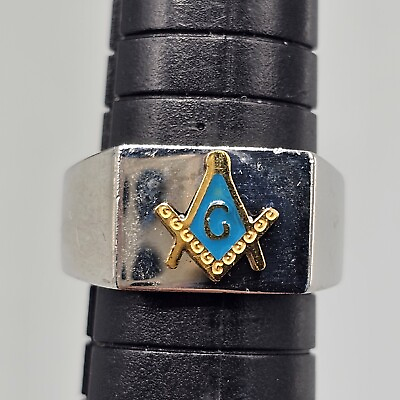 #ad Mens Freemason Ring Stainless Steel Masonic Gold Tone G Compass Blue Sz 11.5 $19.99