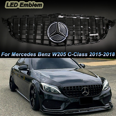 #ad #ad Gloss Black GTR Grille W LED Emblem For Mercedes Benz W205 2015 2018 C Class $78.52