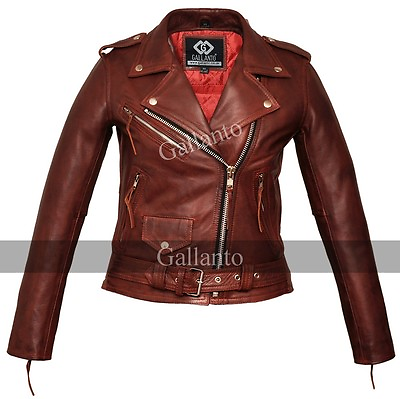 #ad Classic Ladies Red Marlon Brando Motorcycle Fashion Biker Vintage Leather Jacket GBP 150.00