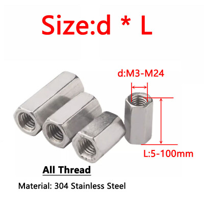 #ad Long Nuts Rod Bar Connector Stud Hex Nuts A2 Stainless Steel M3 M4 M5 M6 M8 M24 $12.95