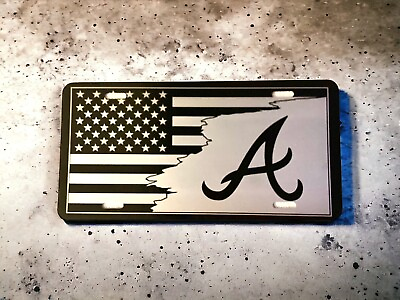 #ad Atlanta Braves Baseball with American Flag Laser Engraved Front Car Tag $22.50