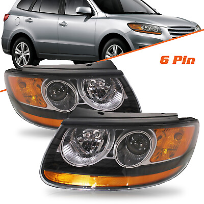 #ad #ad For 2007 2012 Hyundai Santa Fe Halogen 6pin Headlights Black OEM Headlamps LR $158.69