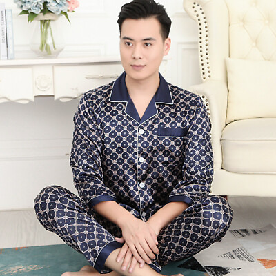 #ad Men Silk Satin Pajama Set Print Sleepwear Loungewear Long Sleeve Shirt Nightwear $20.07
