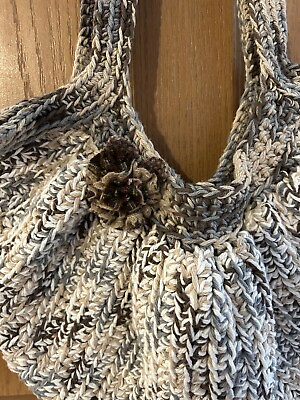 #ad Handmade Crochet Knit Hobo Bag Purse Beach Tote Brown Multicolor W Fabric Flower $20.00