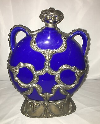 #ad VTG Moroccan Pottery Decanter Jug Jar Urn Cobalt Blue Ceramic Glaze Silver Metal $45.00