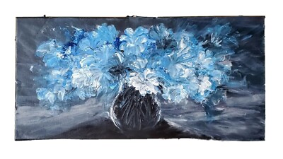 #ad Original painting abstract Still life floral vase blue flowers 10x20 canvas art $145.00