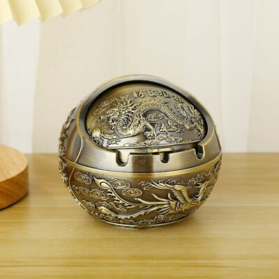 #ad Vintage Windproof Metal Portable Dragon Decorative Ashtray with Lid Cigarettes $23.21
