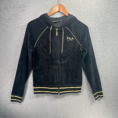 #ad Fila Velour Sweatshirt Women#x27;s Size Small Black Gold Trim Full Zip Jacket Y2K $17.95