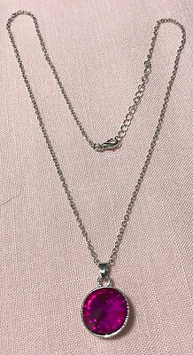 #ad Fashion Necklace with a Round Pink Glass Crystal on a 18.5 Inch Silvertone Chain $6.00