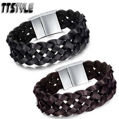 #ad TTstyle THICK Weave Genuine Leather 316L S.Steel Buckle Wristband Two Color AU $26.99