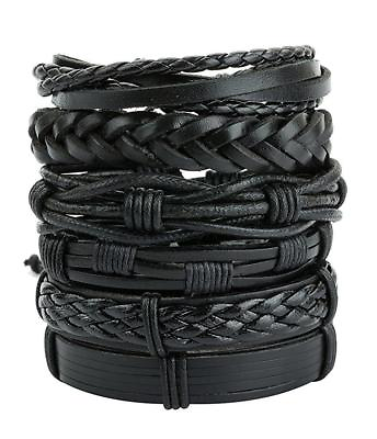 #ad 6Pcs Men Women Black Braided Leather Bracelet Bangle Wrap Rope Wristband Set $9.29