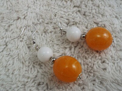 #ad Silvertone White Orange Acrylic Bead Pierced Earrings D47 $1.02