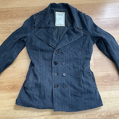 #ad Henry Duarte Jeans Women’s Designer Denim Peacoat Jacket Gray Striped Sz Medium $27.00