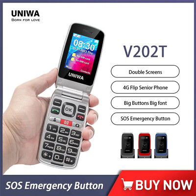 #ad UNIWA V202T 4G Flip Senior Phone2.4 Inch Dual Screen Big Push Button For Elderly $79.99