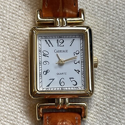 #ad Carriage Women#x27;s Watch Brown Leather Band Gold Tone Rectangular NEW BATTERY $29.99