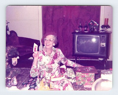 #ad Vintage 1976 Photo Grandma Christmas Morning 1970#x27;s Tacky Fashion Found Art SAL1 $5.00