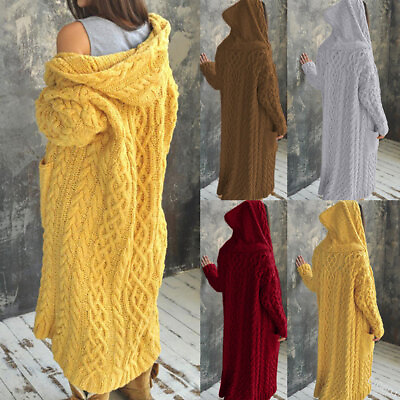 #ad Women Twisted Coat Knitted Sweater Cardigan Long Sleeve Hooded Long Outwear Size $46.89