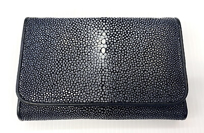 #ad Genuine Real Stingray Skin Leather Trifold Clutch Black Wallet Purse Glazed $120.00