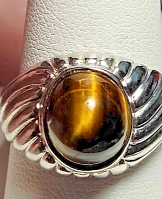 #ad VINTAGE UNISEX sterling silver tiger#x27;s eye cabochon ring sz 10 $55.00