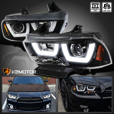 #ad Jet Black Fits 2011 2014 Dodge Charger Dual LED Tube Projector Headlights Pair $332.38