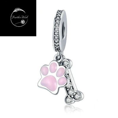 #ad Genuine Sterling Silver 925 I Love My Dog Puppy Pet Animal Pink Paw Bone Charm GBP 16.99
