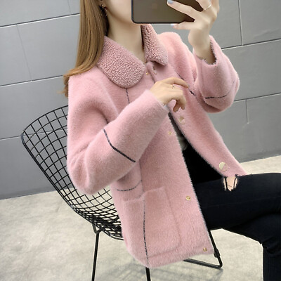 #ad Women Fluffy Faux Fur Lapel Collar Single Breasted Knitted Cardigan Outwear Tops $53.51