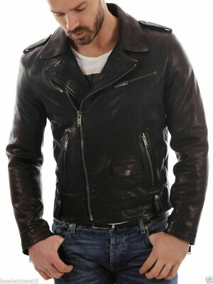 #ad Men#x27;s Leather Motorcycle Jacket Black Slim fit Biker Genuine Lambskin Jacket $98.00