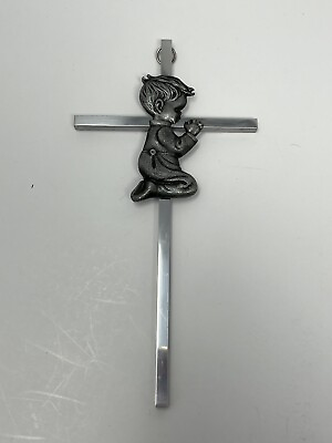 #ad Praying Boy Metal Cross 6 Inches x 3 Inches Silver Tone W Ring To Hang On Wall $9.95