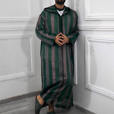 #ad Men#x27;s Casual Striped Hooded Muslim Robe Long Sleeve Half Zipper Jubba Fits Shirt $24.85