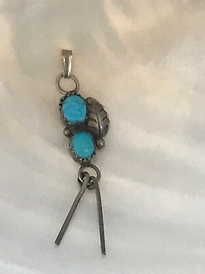 #ad Vintage Old Pawn Two Bright Blue Turquoise Oval Stones w Carved Sterling Leaf amp; $29.91
