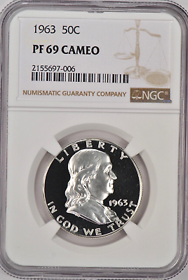 #ad 1963 Franklin Half Dollar Proof NGC PF 69 CAMEO PR69CAM Frosty Coin 50C $624.99