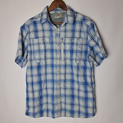 #ad LL Bean Shirt Mens Medium Blue White Button Up Short Sleeve Vented Dual Pockets $19.98