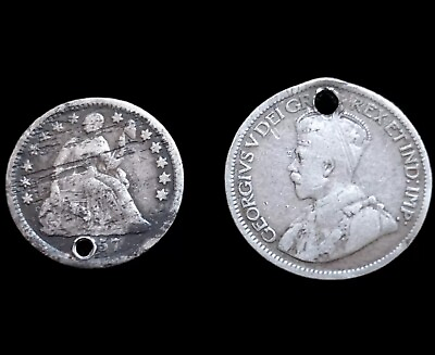 #ad 2 Vintage Holed Silver Coins; 1857 U.S. Half Dime amp; 1930 Canadian Dime $8.75