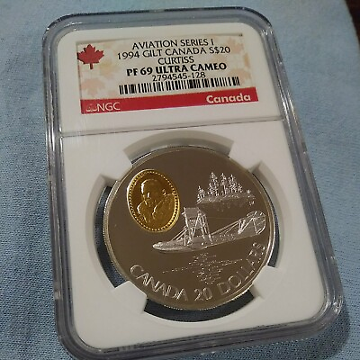 #ad 1994 CANADA SILVER $20 GILT CURTISS NGC PF 69 ULTRA CAMEO $74.99