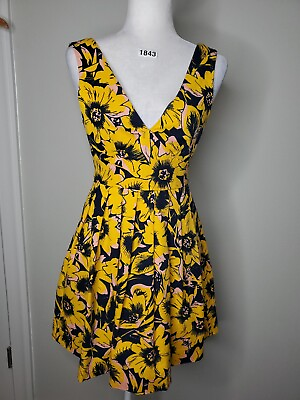 #ad J.Crew Factory Fit amp; Flare Pleated V Neck Mini Floral Dress Yellow Black Size 0 $20.10