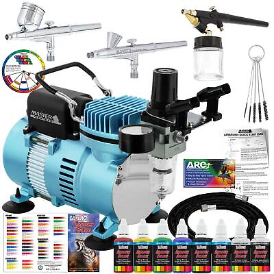 #ad Master 3 Airbrush Air Compressor amp; Hose Kit 6 Primary Colors Acrylic Paint Set $149.99