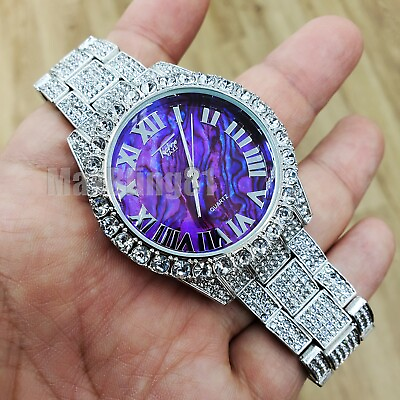 #ad HIP HOP ICED SILVER PLATED PURPLE MARBLE SIMULATED DIAMOND WRIST BLING WATCH $27.99