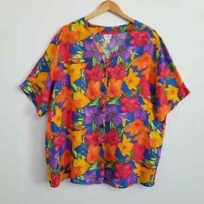 #ad Vintage CLIO II 100% Silk Island Print Floral Button Down Shirt Blouse Size 2X $18.74
