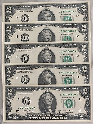 #ad Lot of 5 Uncirculated Sequential Two Dollar Bills Consecutive Serial # CRISP $2 $15.99