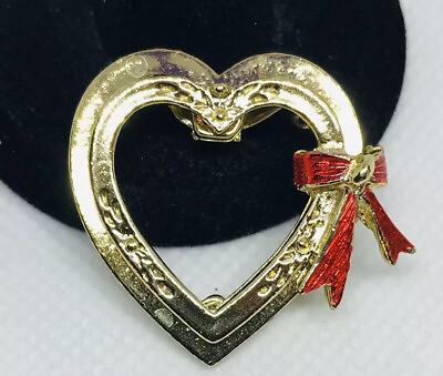 #ad Beautiful Gold Tone W Red Enamel Ribbon Bow Valentine Double Heart Brooch Pin $5.00