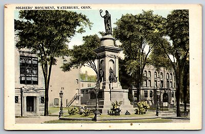 #ad Waterbury Connecticut Downtown Civil War Union Soldiers Monument c1920 Postcard $9.00