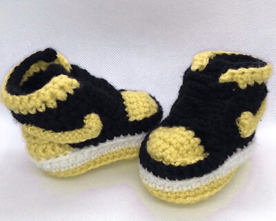 #ad Crochet Baby Sneakers J Basketball Air Handmade Boys Girls Newborn Knit Yellow $42.99