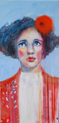 #ad 10x20 Original painting Abstract Woman PORTRAIT canvas outsider People Face OOAK $85.00