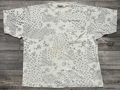 #ad VTG Currants By Jeri Jo 1970’s White Black Flower Pocket Shirt Womens Sz Medium $14.99