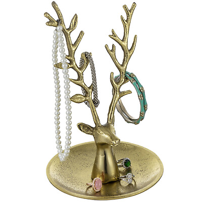 #ad Brass Metal Deer Jewelry Holder Necklace Bracelet Display Stand w Ring Tray $29.99