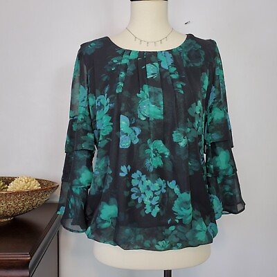 #ad Roz amp; Ali Tiered Sleeve Pleated Floral Elastic Hem Shimmer Dressy Top NWT XS $15.49