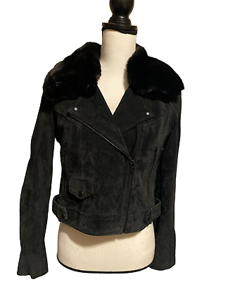 #ad BlankNYC Leather Moto Jacket Womens S Black Zips Removable Faux Fur Collar Lined $18.96