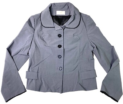 #ad Helen Wang Tailored Crop Jacket Blazer Gray Ruffle Trim Size 10 Medium M $59.99