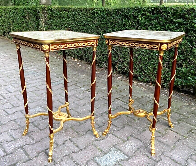 #ad Majestic Pair: Louis XVI Mahogany Side Tables Bronze Accents Marble Tops $3400.00
