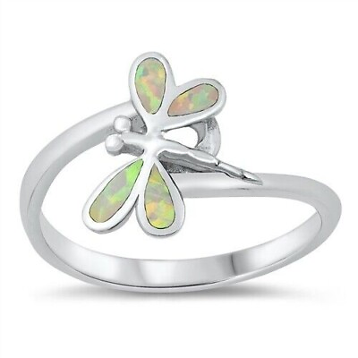 #ad Dragonfly Ring Solid Sterling Silver 925 White Lab Opal Height 13 mm Sizes 5 10 $19.84